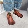Square Toe Short Boots Genuine Leather Lace-up Retro Versatile Women Soft Sole Flat Shoes