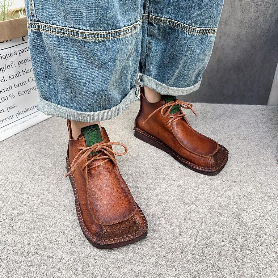 Johnature Square Toe Short Boots Genuine Leather Lace-up Retro Versatile Women Soft Sole Flat Shoes