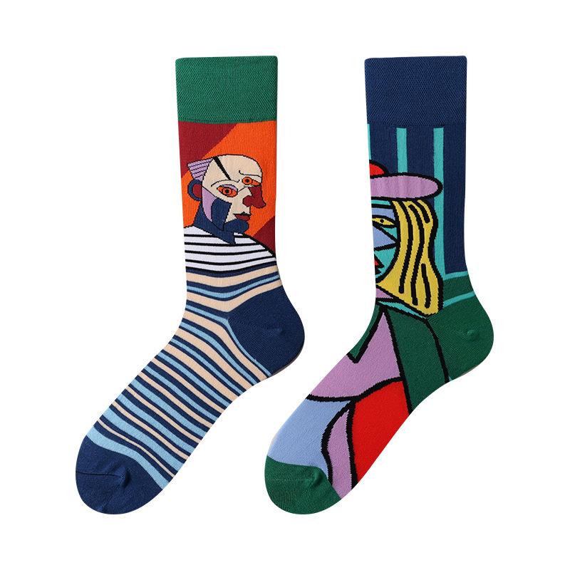 Unisex A/B Style Asymmetrical Cartoon Mid-Calf Cotton Socks