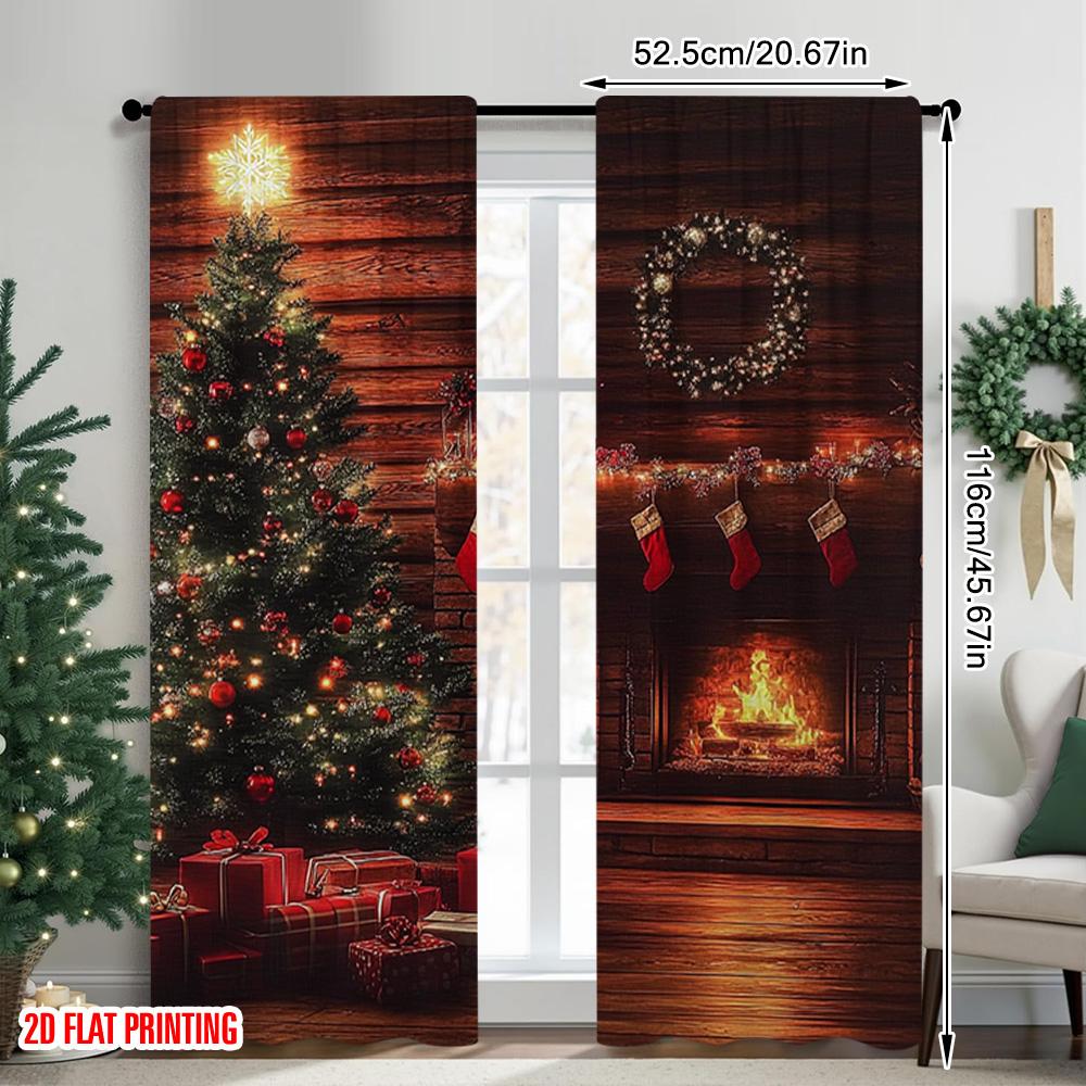 2pcs 2D flat printing Merry Christmas Popular Curtains Fireplace and Christmas tree Versatile Fabric Without Electricity Party
