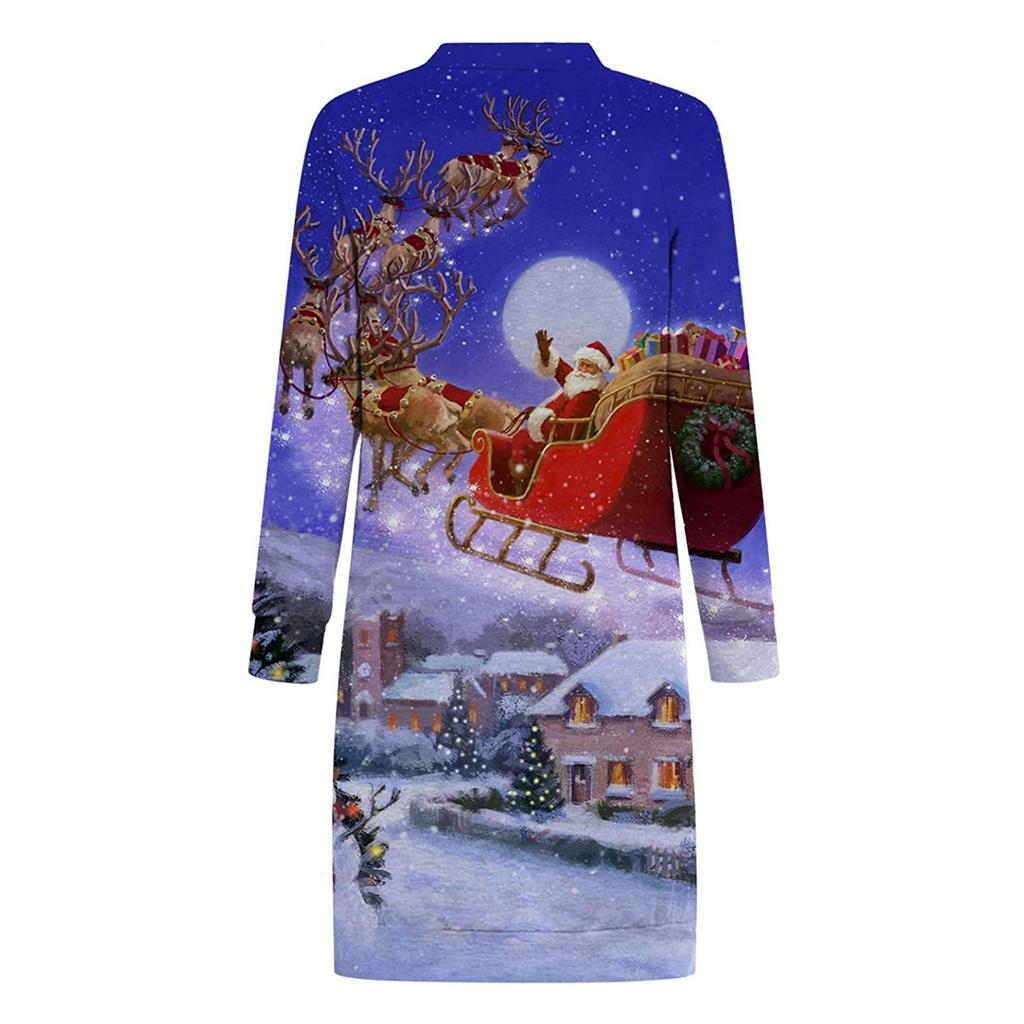 Fashion Women's Loose Christmas Print Long Sleeve V-neck Strappy  And Winter Dress