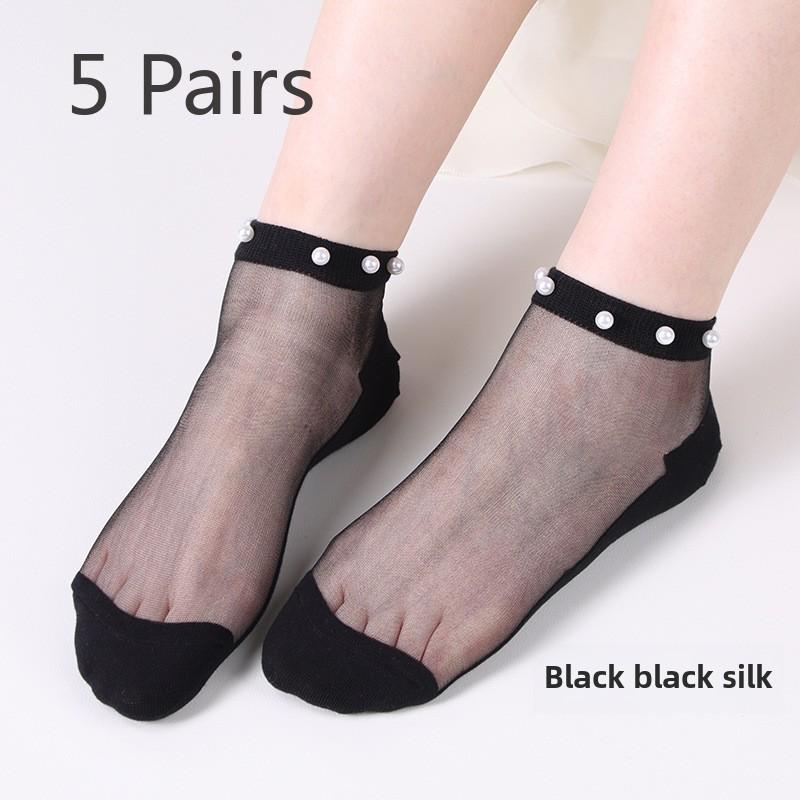 5 Pairs Pearl Socks Women's Socks Light Lace Summer Thin Mesh Transparent Glass Silk Crystal Socks