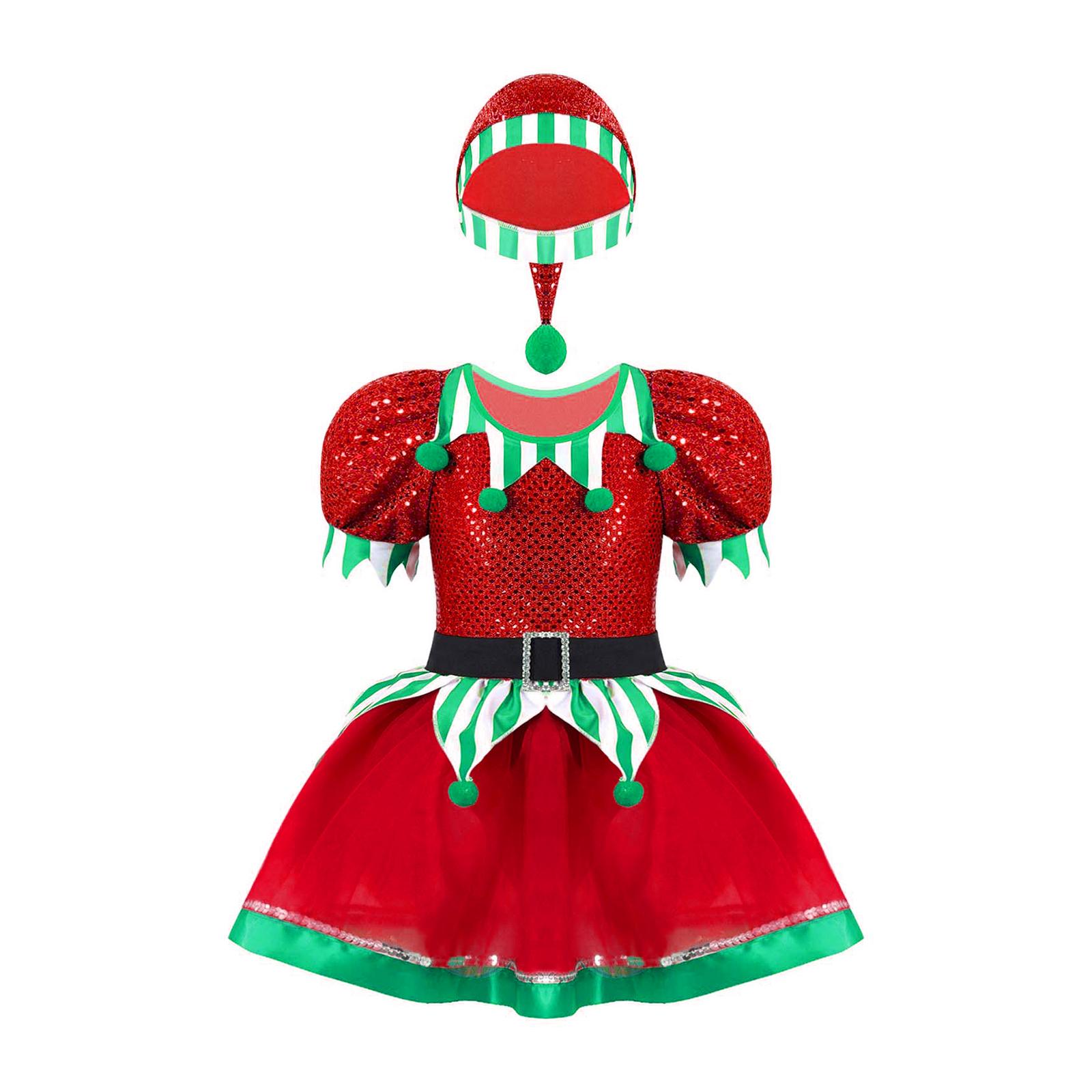 

Girls Christmas Elf Cosplay Costume Sequins Pompoms Adorned Mesh Tutu Dress Hat Included Party Outfit 15-16 Years червоний