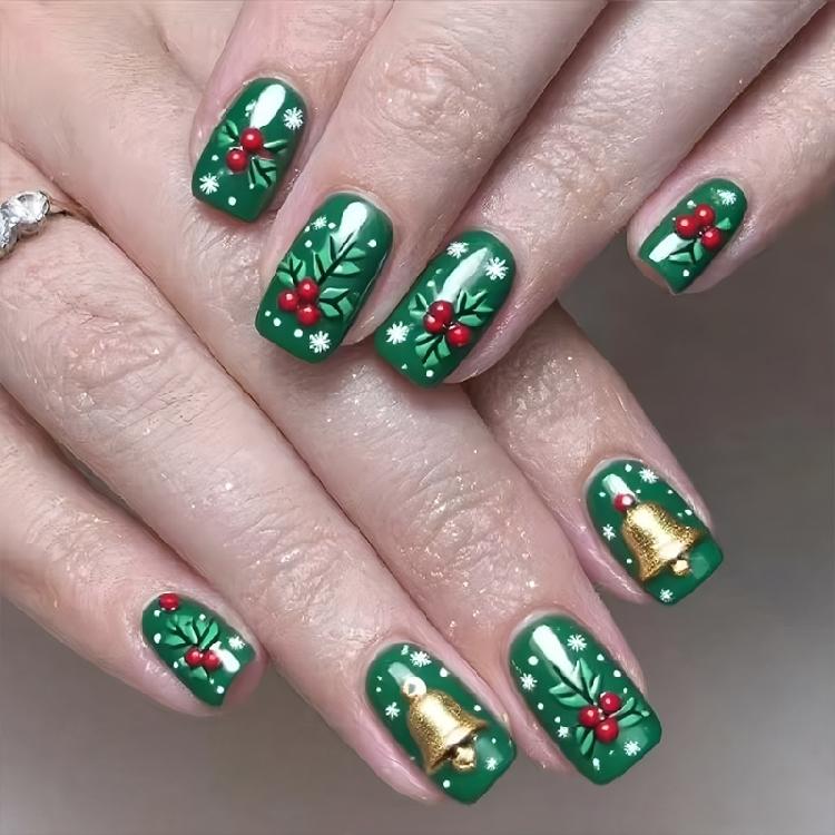 

ABS Press On Nail 24PCS Christmas Snowflake Green Bell Design Reusable Artificial Nail For Festive Occasions 1