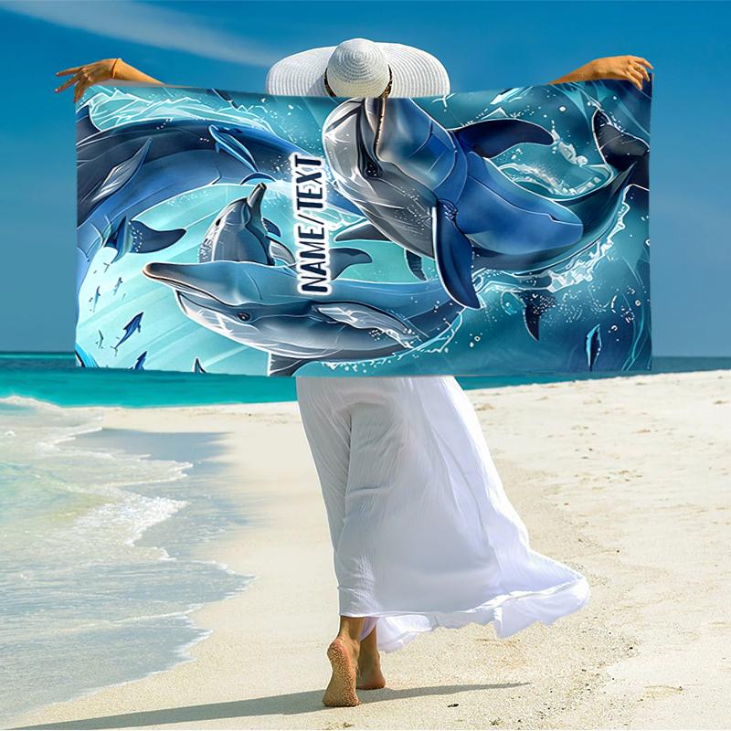 1PC Custom Name Ocean Dolphins Adventure Beach Towel Highly Absorbent And Sand-Resistant Towel for Swimming, Pool, Yoga, And Travel Lightweight