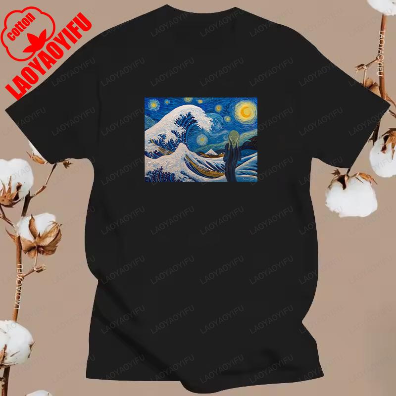 New The Great Wave on A Starry Night Cotton T Shirt Hokusai Great Wave Off Kanagawa Van Gogh Starry Night Oil Graphic T Shirts