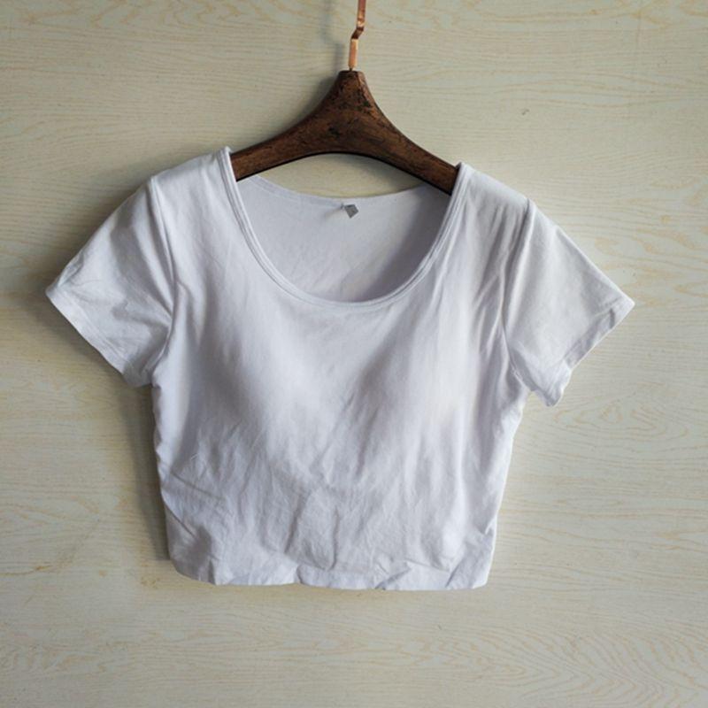 

Хвостовые товары Чистый хлопок с нагрудной подушечкой Футболка с коротким рукавом Женский беспроводной бюстгальтер Интегрированный топ, открывающий живот Фиксированная чашка Короткий летний White (not the same white) S