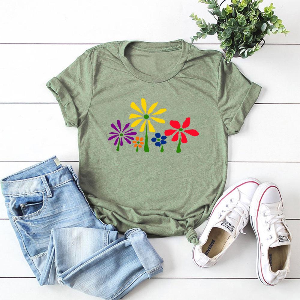 Little Flowers Cotton T-Shirt Short Sleeve Round Neck Women 2d Print Tops