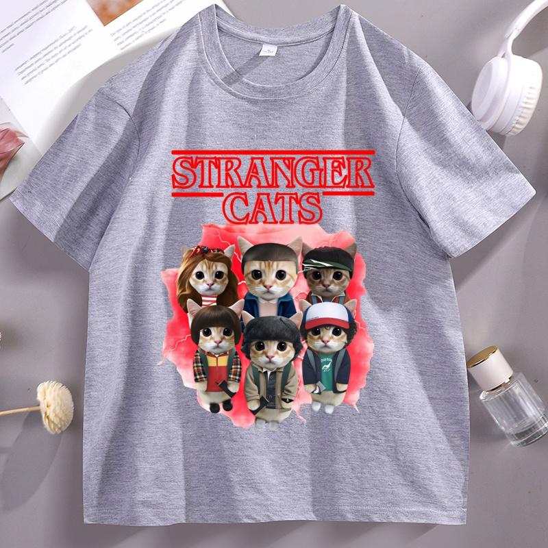 Stranger Cats T Shirt Unisex Unisex Funny Cat Lover Tee Cat Mom Gift Clothes Parody Graphic Tee Summer Round Neck Short Sleeve Tops