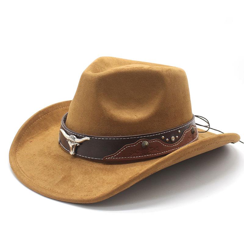 Retro Bull Head Western Cowboy Hat Men And Women, Tibetan Suede Jazz Hat, Big-Brimmed Top Hat