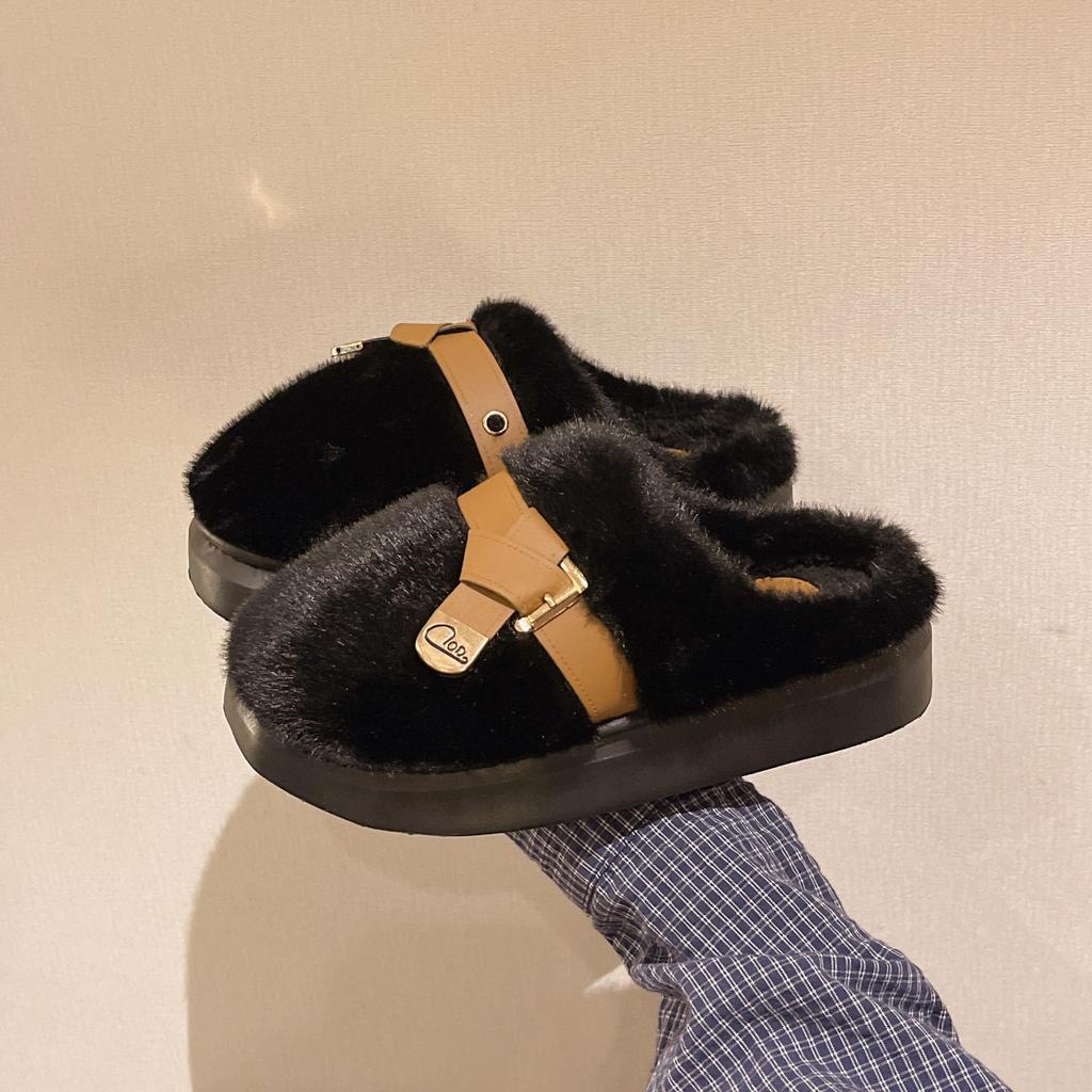 Thick-bottomed fluffy slippers for women to wear new autumn and winter bag head drag fashion plush home cotton slippers