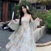 Summer high-end oil painting printing embroidery temperament neck dress fairy seaside vacation wind suspender long skirt