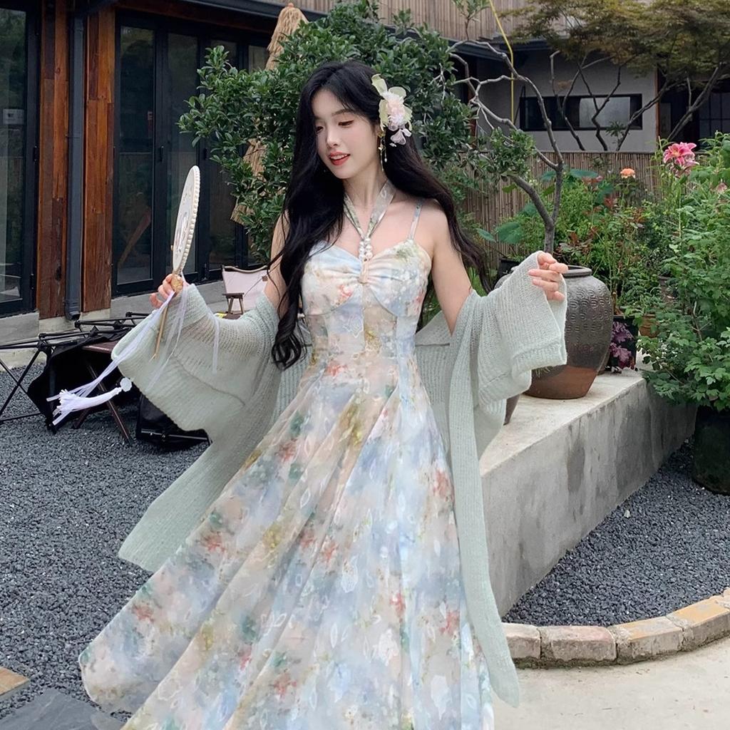 Summer high-end oil painting printing embroidery temperament neck dress fairy seaside vacation wind suspender long skirt