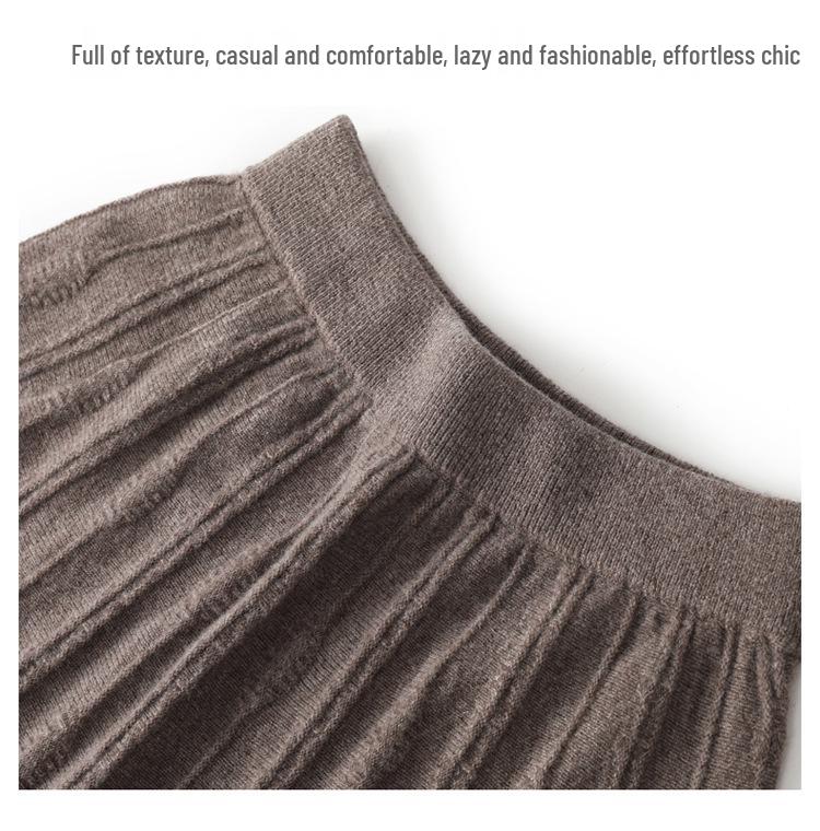 100% Pure Wool Women's Spring-Autumn Mid-Length High-Waisted Pleated A-Line Cashmere Knitted Umbrella Skirt