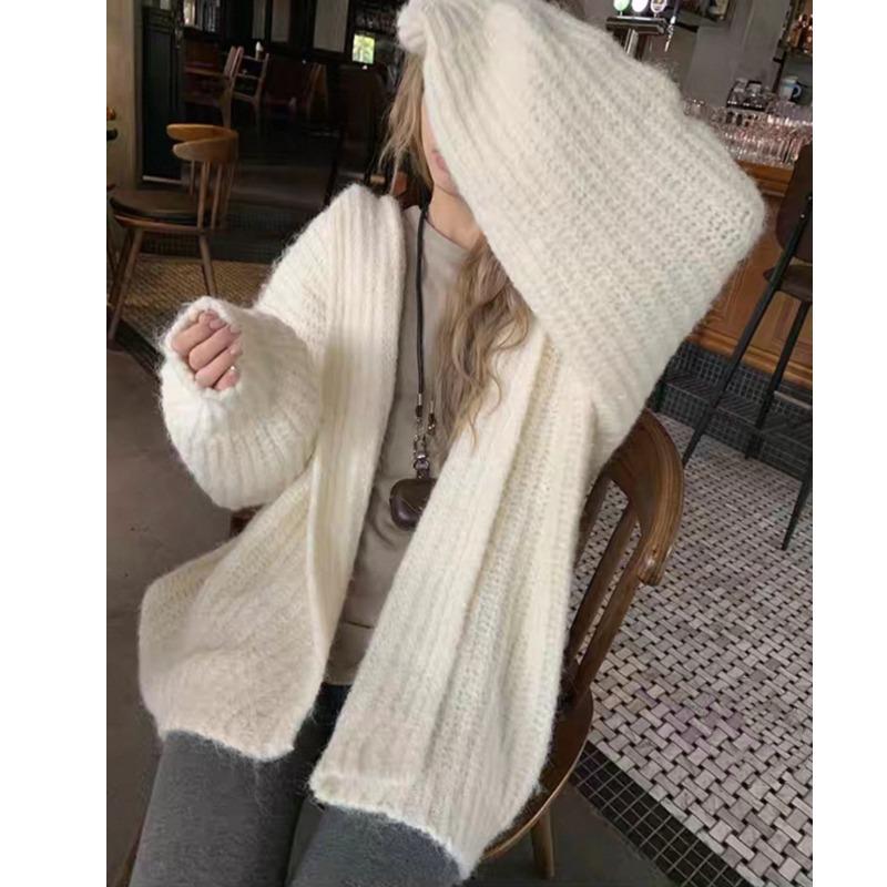 Fashion Loose Cardigan Knitted Hooded Women Sweater Solid Color Casual Coats Lantern Long Sleeves Office Large Knit Jacket Top Clothing