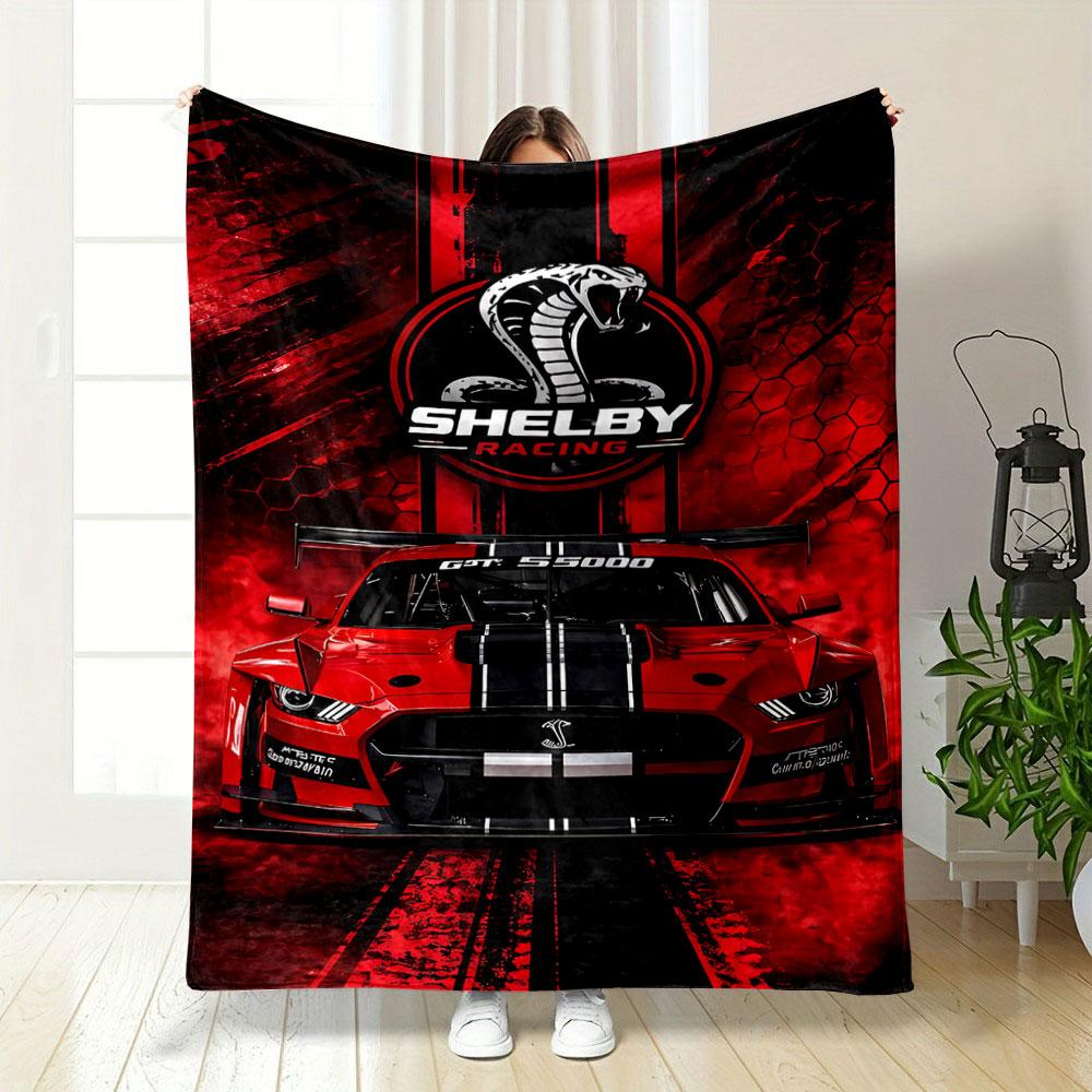 A bold red racing theme with a Shelby Cobra logo and a GT500 car. for all seasons blanket lunch break throw gift