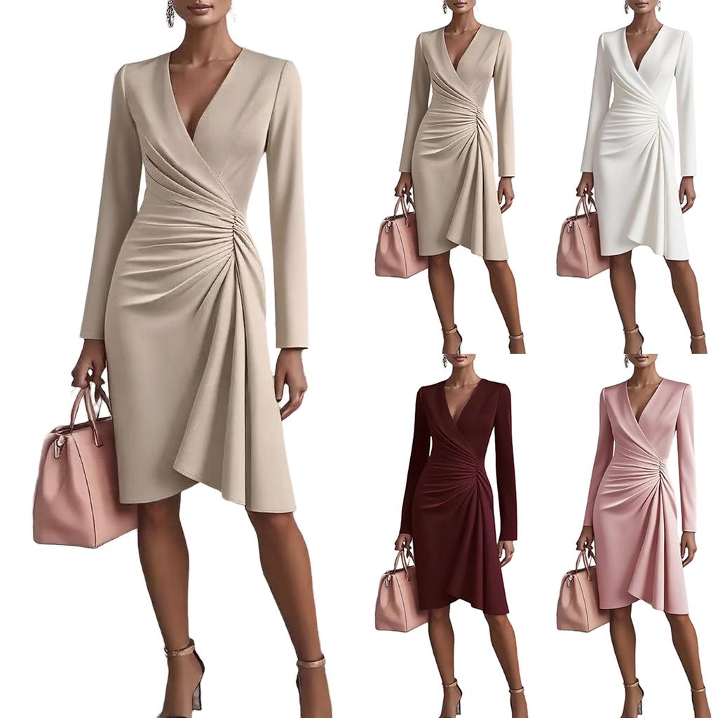 Women's Sexy Long Sleeve V-Neck Pleated Bodycon Dress Slim Fit Color