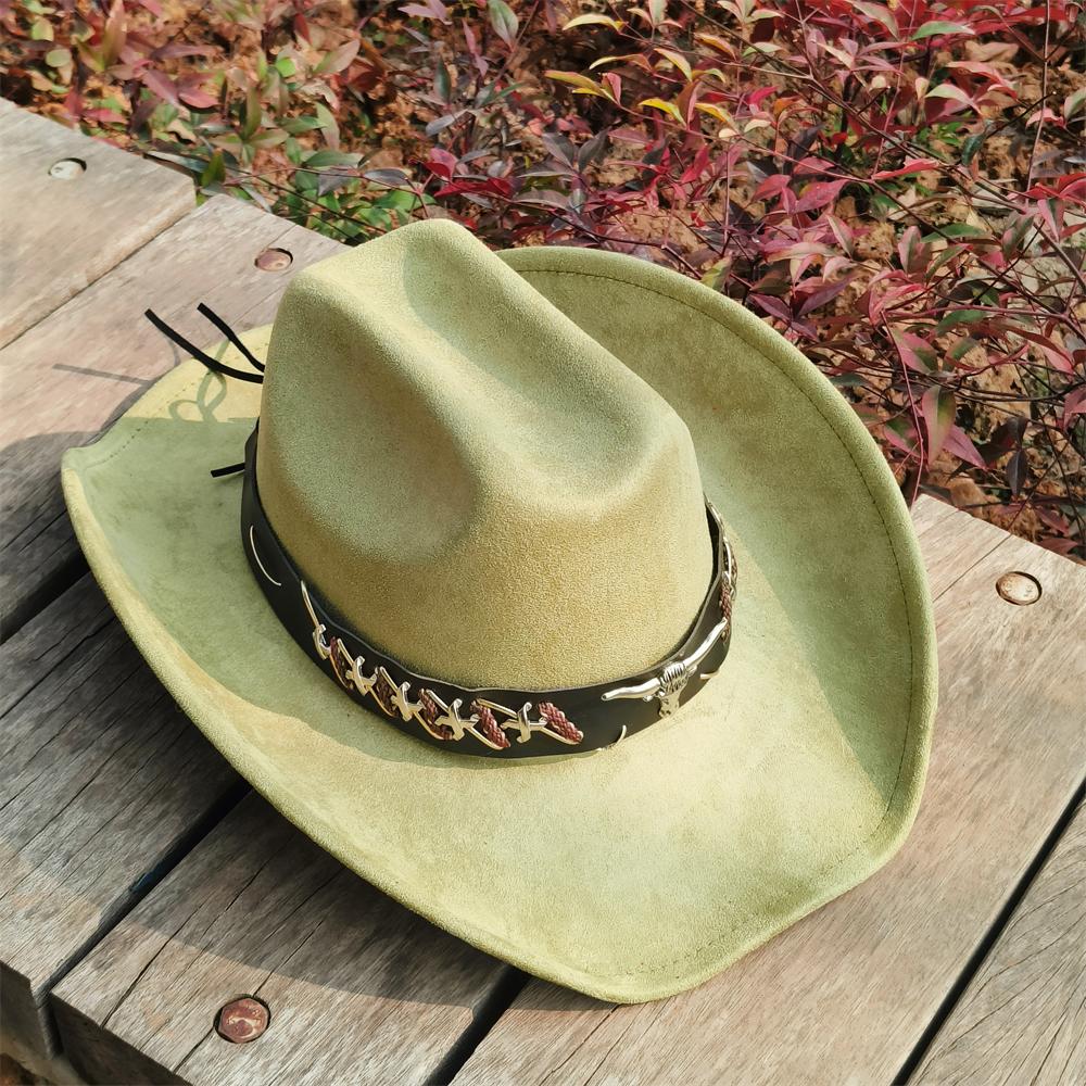 Wide Brim Cowboy Hats for women retro cow belt suede cowboy Hat men Cattleman Style Suede Rancher Hat for Men sombrero hombre