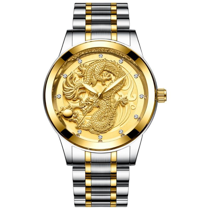 Top Brand Watch Men's Non-mechanical Watch Waterproof Luminous Gold Color Quartz Ultra-thin Steel Strap Dragon and Phoenix Couple Watch