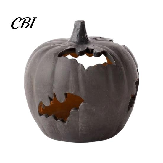 Halloween Pumpkin Decor Resin Figurine, Bat Hollow Out Lantern with Durable Collectibles Warm Light, Spooky Indoor Outdoor Home Table Fireplace Unique