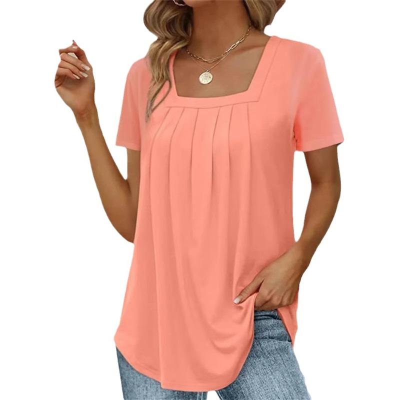 T-shirt d'été à manches courtes pour femmes, plissé, à col carré, grande taille, couleur unie, haut ample, mode élégante pour le bureau, décontracté simple