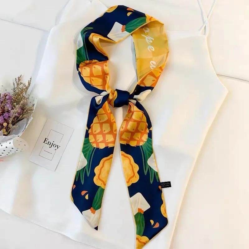 Long Skinny Hair Scarf For Women Fashion Fruit Print Kerchief Cute Headband Silk Satin Neck Scarfs 7*130cm Band Bag Scarves