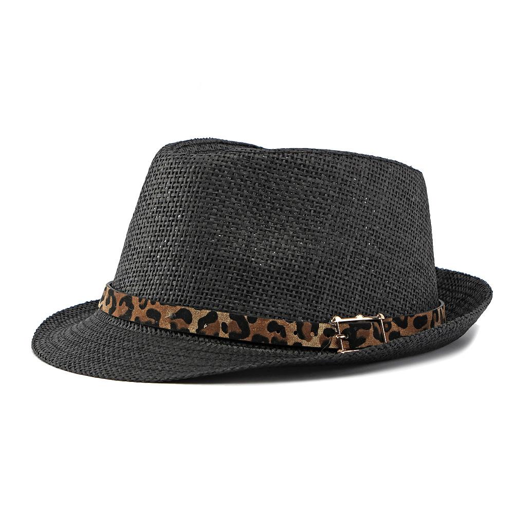 Leopardenmuster Gürtel Stroh Jazzhut Herren Damen Sommer Atmungsaktiver Strohhut Urlaubsstrand Sonnenschutz Kleiner Hut black