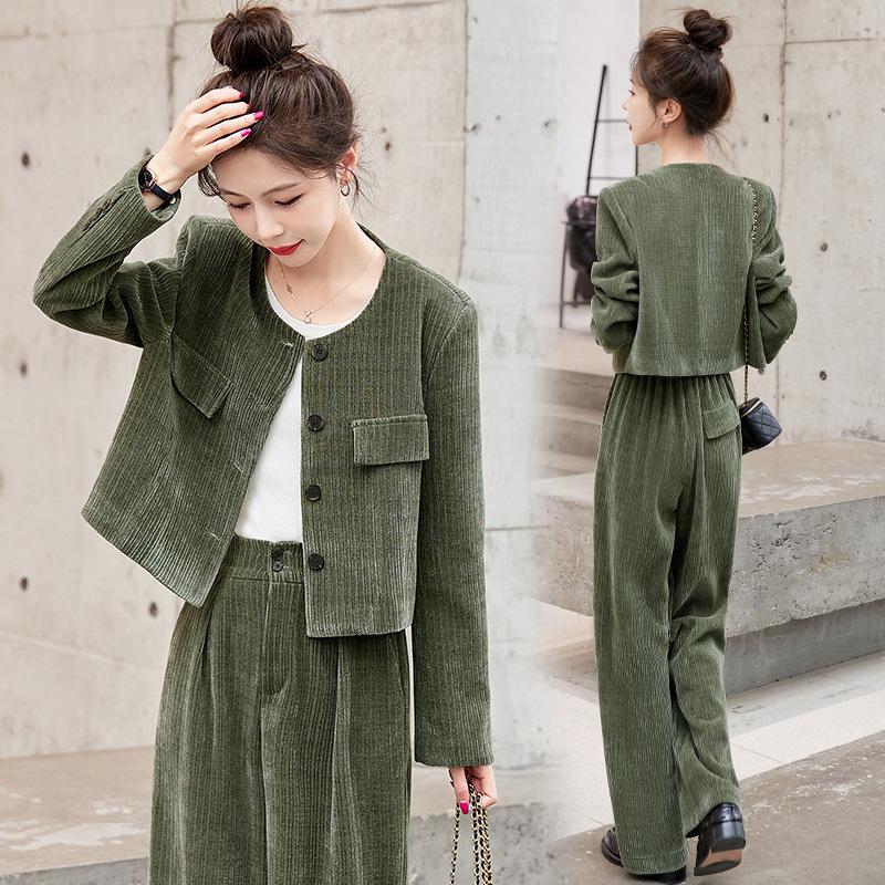 Professional Suit Women's Autumn High-end Fashion Corduroy Two-piece Wide-leg Pants Western Style