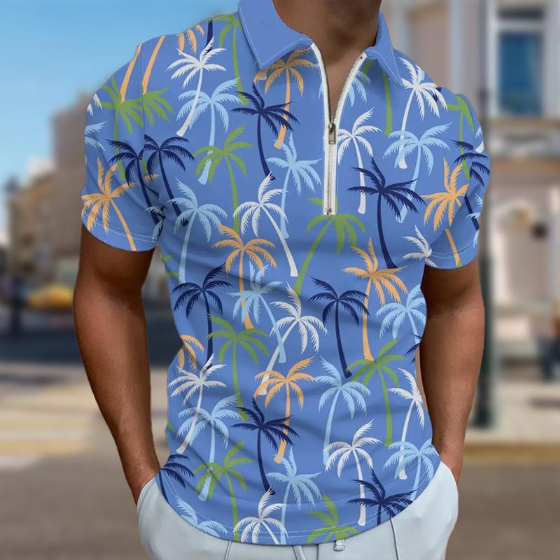 Men's Shirt Polo Casual Zip Short Sleeve Fashion Casual Zipper Summer Spring Regular Fit Hawaiian Coconut Tree 3D Print Shirt