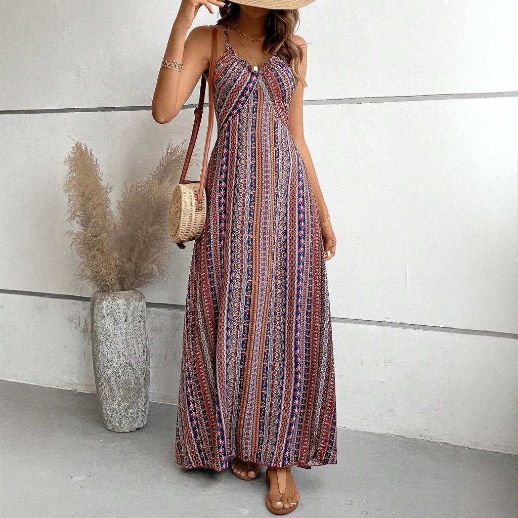 European and American Women's Clothing Bohemian Long Suspender Slim Slim Slim Split Design Dress Women