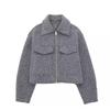 Women's Gray Short Plush Jacket, Stand Collar Zip Front Cropped Outerwear