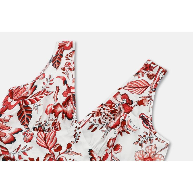 Women V Neck Sleeveless Floral Print Maxi Dress With Border Hem Casual Daily Wear