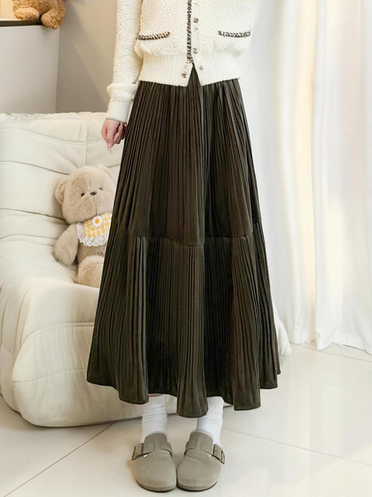 Women's Black Gold Velvet A-line Pleated Midi Skirt, High Waist, Spring/Autumn 2026
