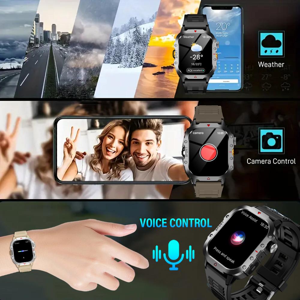 Outdoor-Sport Smartwatch 2,01 Zoll HD-Bildschirm LED-Taschenlampe Bluetooth Sprech-Smartwatch für Männer Frauen Weihnachtsgeschenke