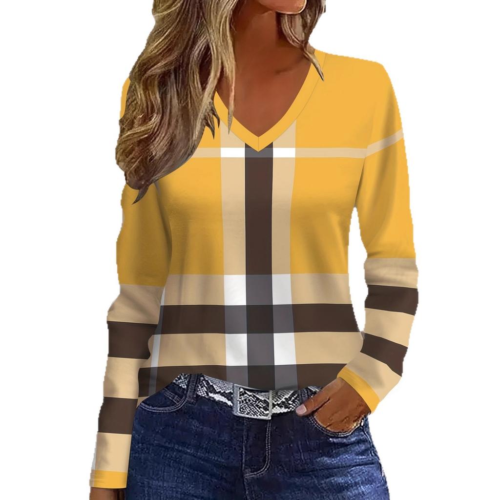 Autumn Women's 3D Rhombus Geometric Printing V-Neck Long Sleeve