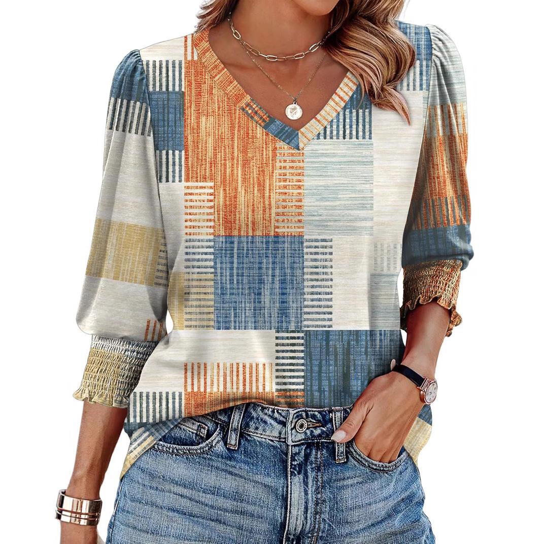 Womens V Neck Three Quarter Sleeve Printed Loose Casual T Shirt S