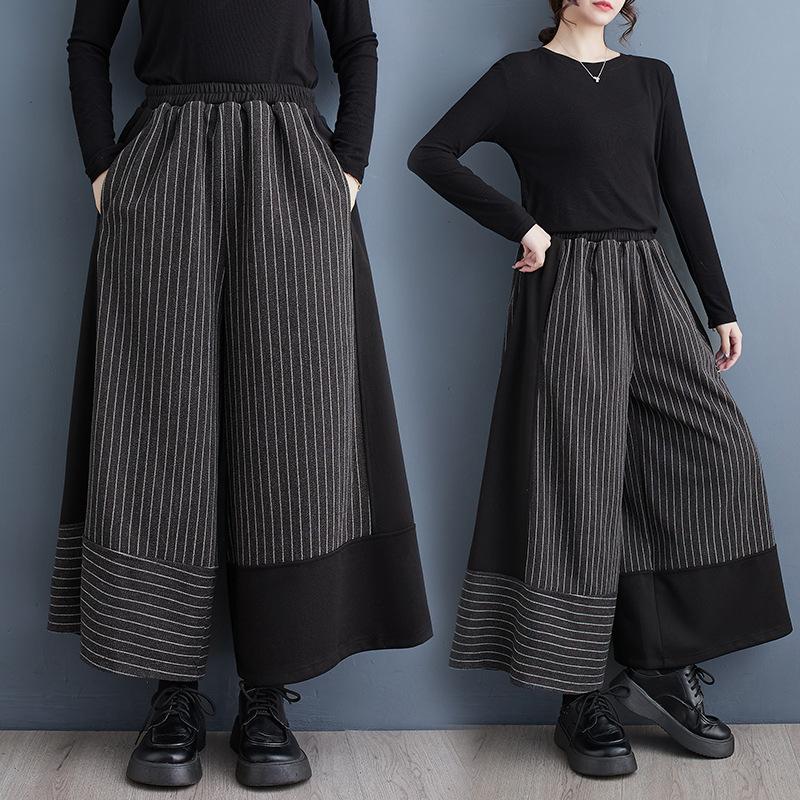Spring and Autumn Women's Pants Black Casual Pants Fashion Stripe Splicing Plus Size Loose Comfortable Wide Leg Pants
