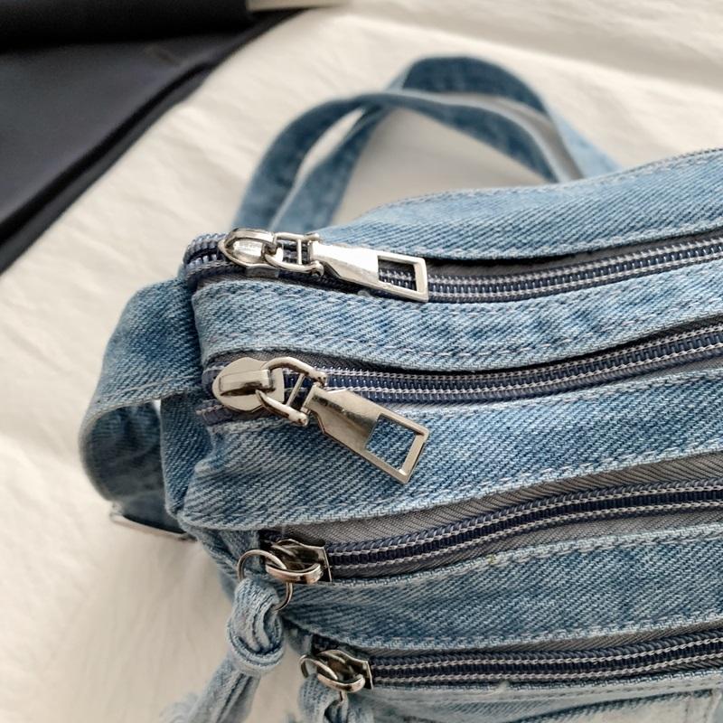Washed Denim Crossbody Bag with Dual Flap Front Pockets Casual Shoulder Purse for Women Daily Travel