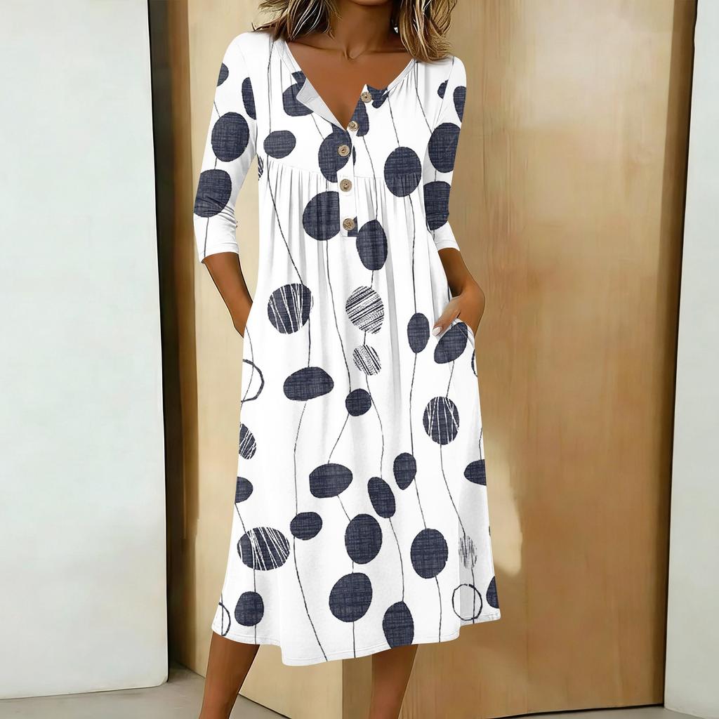 Women's Fashionable Color Printed Round Neck 3/4 Sleeve Button Collar Mid Length Casual Dress