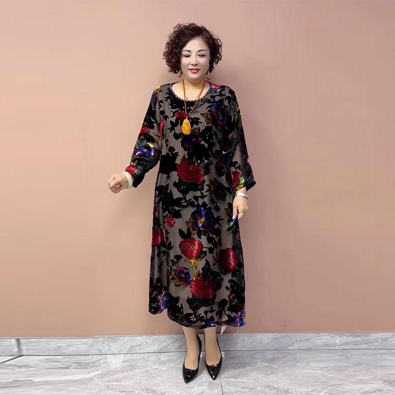 

Женское платье из золотого бархата Платье большого размера с круглым вырезом и принтом Длинные шелковые платья с цветочным узором Весна Осень 5XL