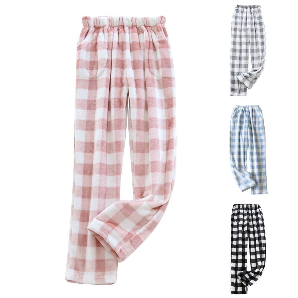 Women's Elastic Waist Plaid Fleece Pajama Pants Loose Fit Sleep Pants For Loungewear