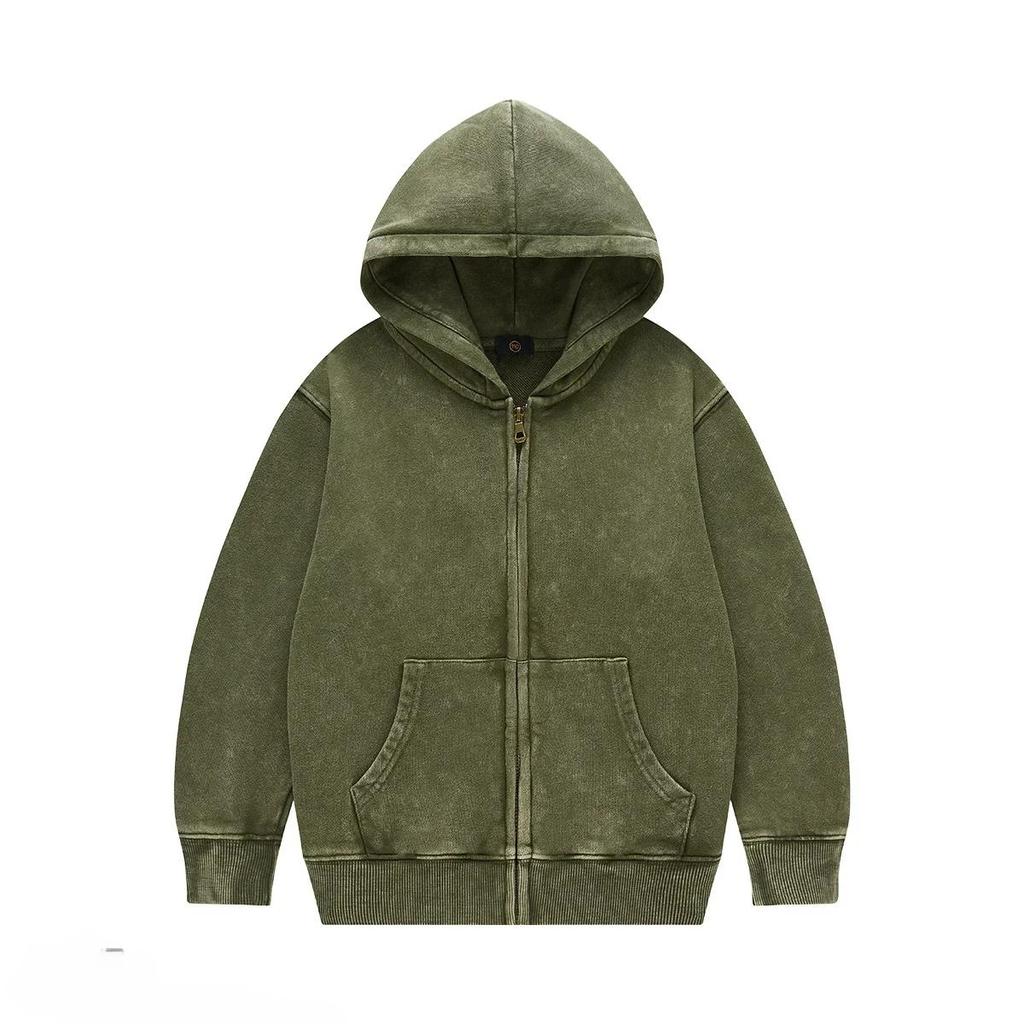 Odzież wierzchnia dla dzieci 2025 Jesień Modne Cool 350G Bawełna frotte Vintage Bluzy z kapturem na zamek Chłopcy Dziewczynki Casual Sportowe Topy Ubrania dla dzieci