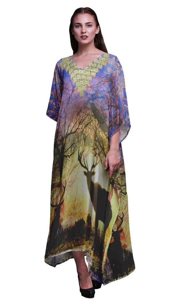 Phagun Deer Animal Ladies Plus Size Kaftan Summer Wear Beach Coverup Kimono