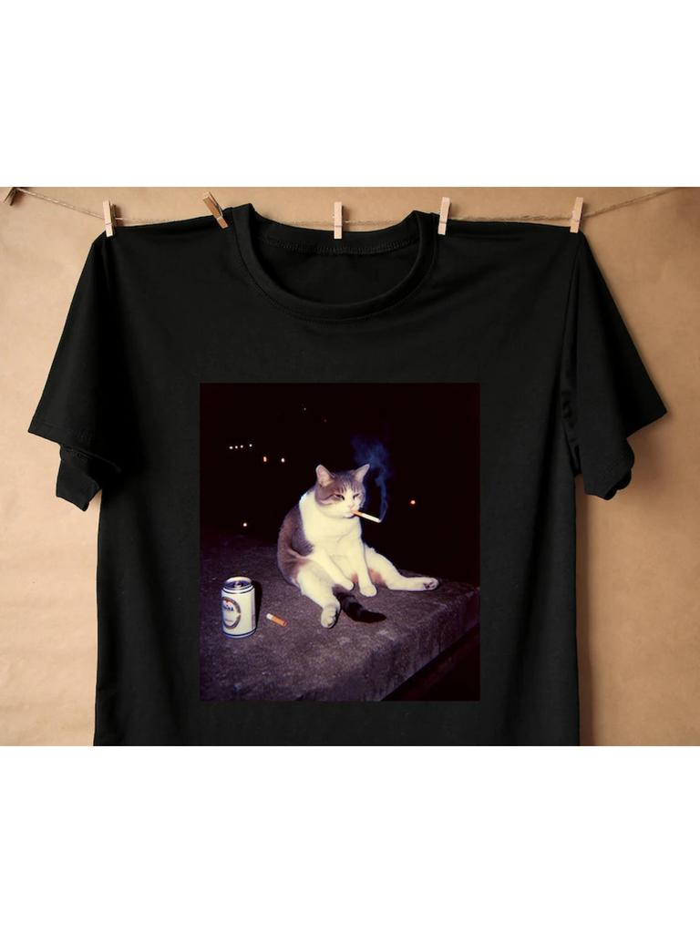 Funny Smoking Cat Meme T-Shirt - Black Shirt with Smoking Cat & Beer Design - Humorous Graphic Tee for Cat Lovers - Men's & Women's Casual Apparel - M