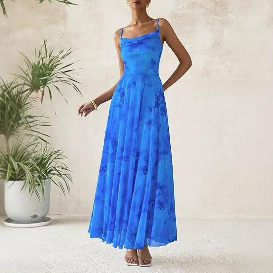 European and American new elegant thin shoulder strap dress printed party dress beach dress