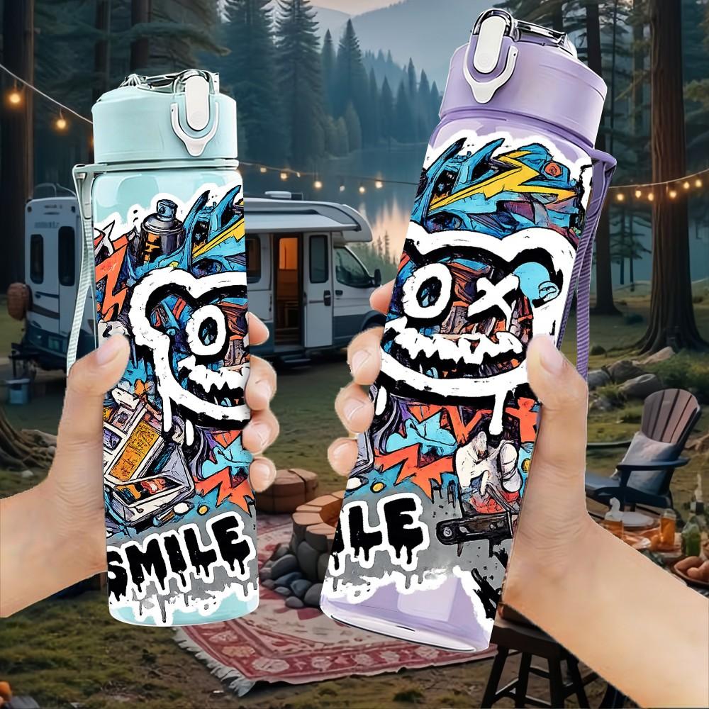 1PC Graffiti Bear Smile Face Art Print 750ml Color Plastic Sports Water Bottle Leakproof Flip Straw Lid Suitable for Sports Office Home Use