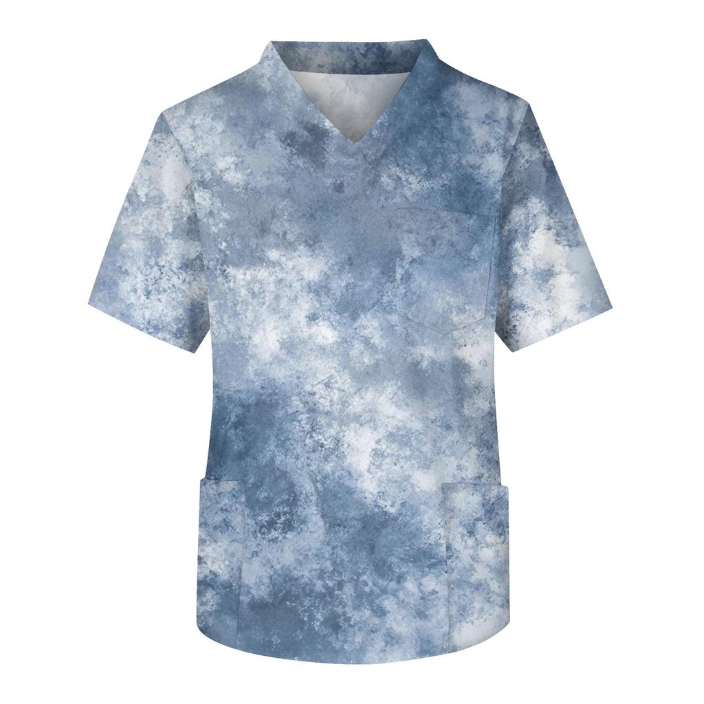 Men's Printing Short Sleeve V-neck Working Blouse Chest Pocket Carer Top