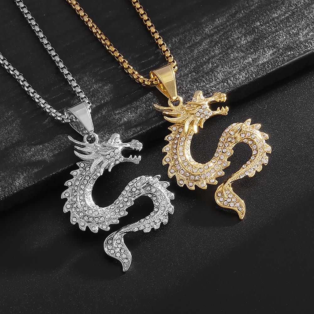Fashion Hip Hop Bling Iced Out Dragon Round Pendant Necklace for Men Women Stainless Steel Rapper Jewelry Oriental Amulet Gift