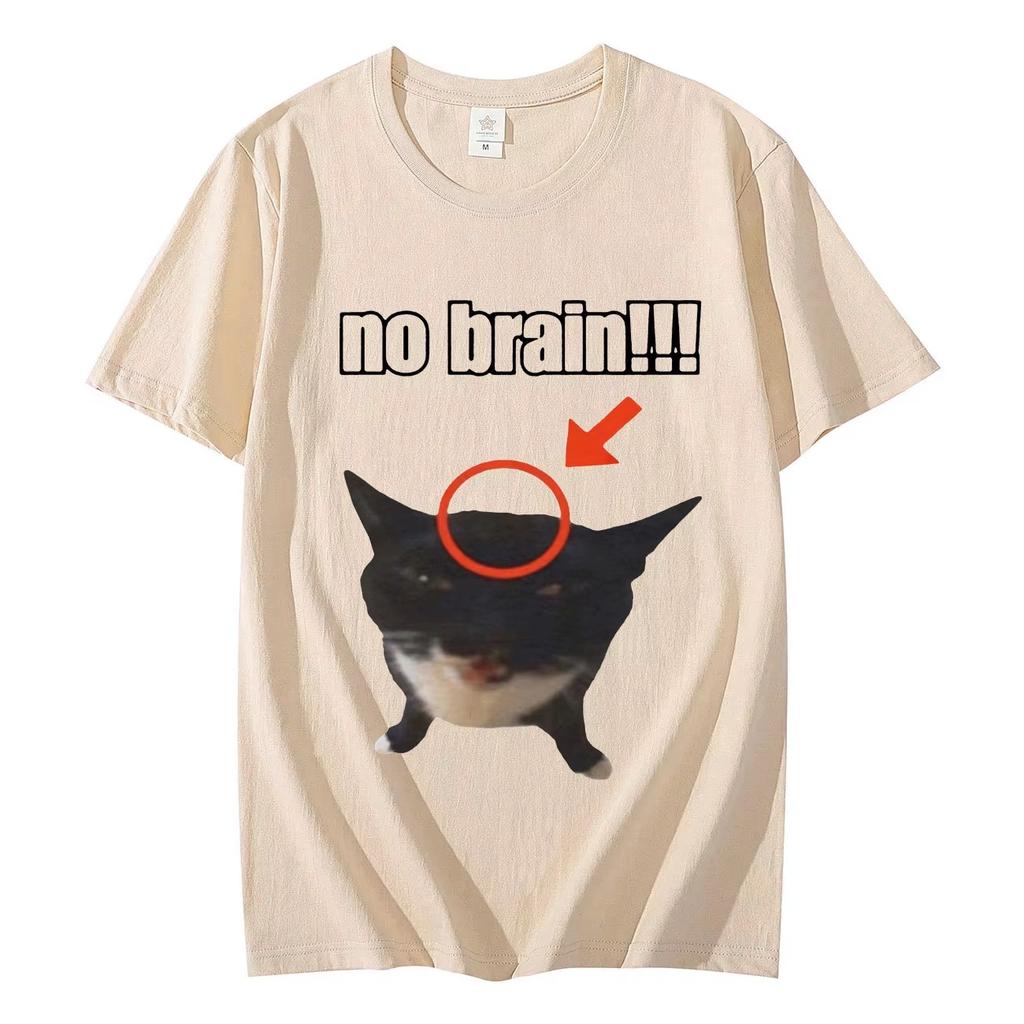 No Brain Funny Cat Graphic T Shirts Men's Women Fashion Oversized O-Neck T-shirts Casual Lightweight Breathable and Comfortable Clothes