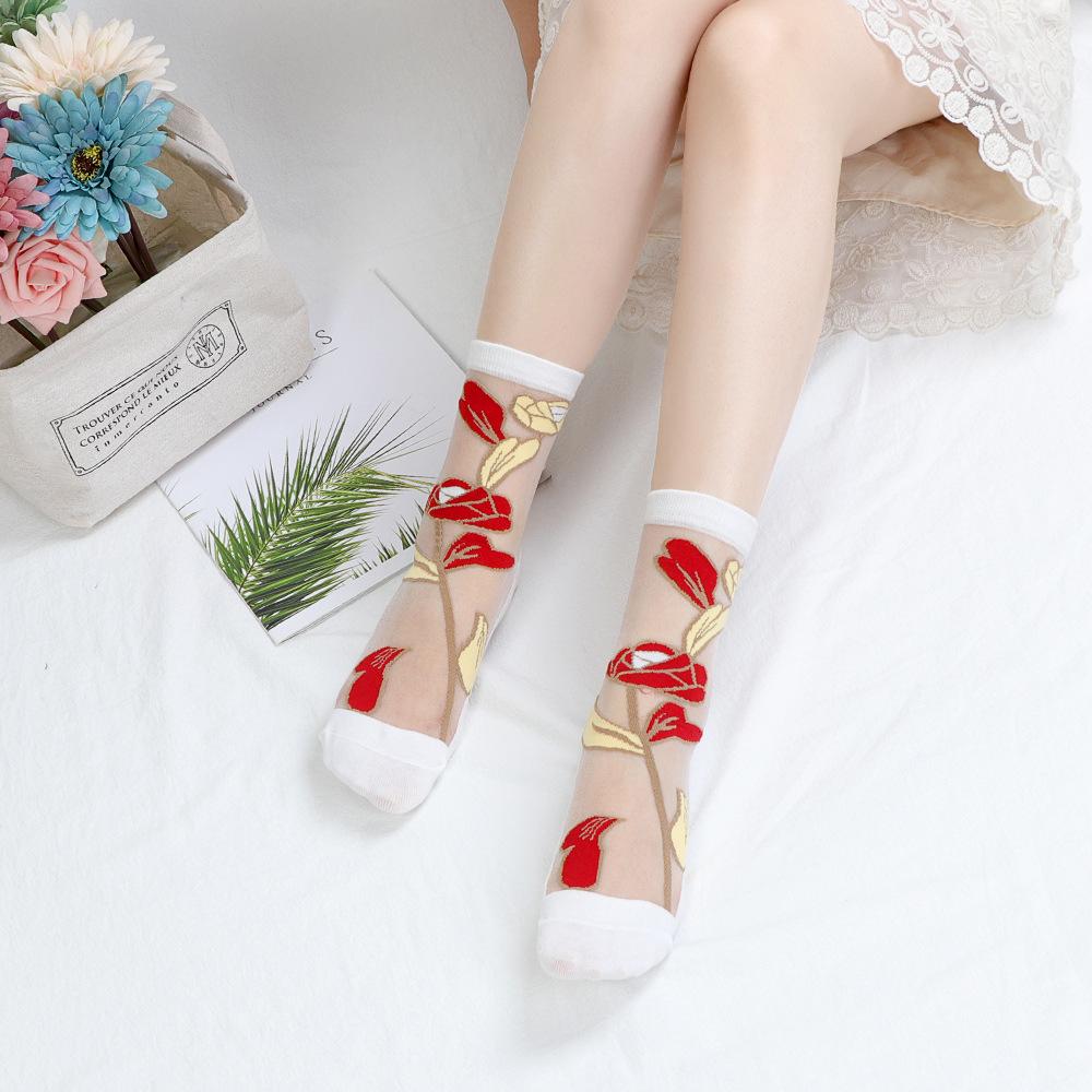 5 Pairs of Female Spring and Summer Cotton Bottom Lace Breathable Non Slip Transparent Sweat Absorbable Tube Socks